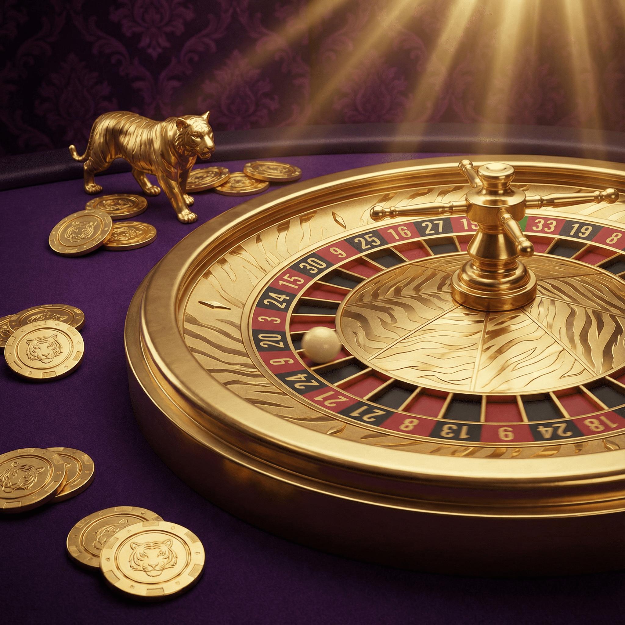 Ruleta europea dorada con tigre de oro y fichas de casino
